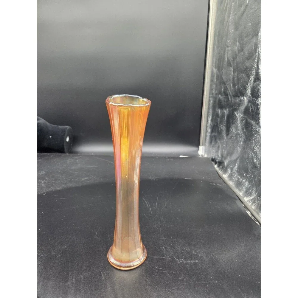 Vintage Amber Marigold Carnival Glass Opalescent Swung 9.5” Vase
